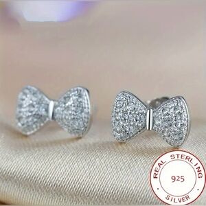 Delicate Silvery Bow Design Stud Earrings 925 Sterling Silver Hypoallergenic